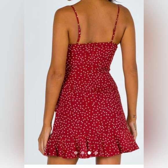 Princess Polly Burgundy Polka Dot Mini Dress short ruffle cottage core vacation - Picture 2 of 12
